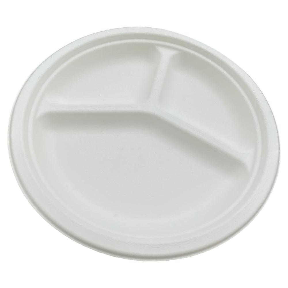 100% Biodegradable Eco-friendly Sugarcane Bagasse Round Plate 9 Inch 3 Compartments - ninobamboo